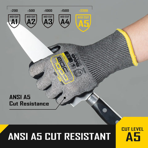 ANSI A5 Cut Resistant Gloves With Nitrile Dipped Grip Coating For Construction And Warehouse Work Knife Proof Protection High Performance HPPE Glass Fiber Steel Blend
