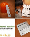 Beefy Steel Lamellar Armor Plates Set Of 100 For Reenactments 20 Gauge on display with candle lighting for ambiance.