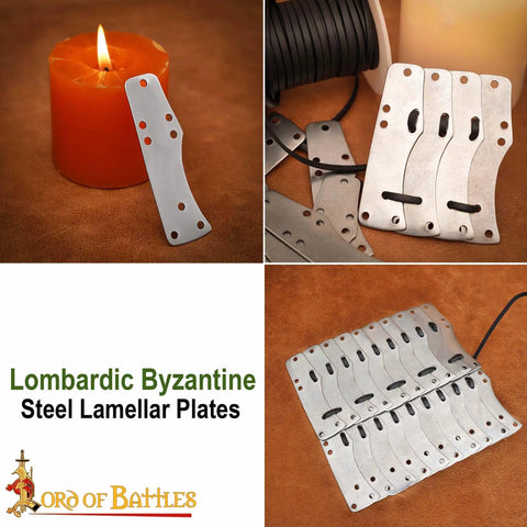 Beefy Steel Lamellar Armor Plates Set Of 100 For Reenactments 20 Gauge on display with candle lighting for ambiance.