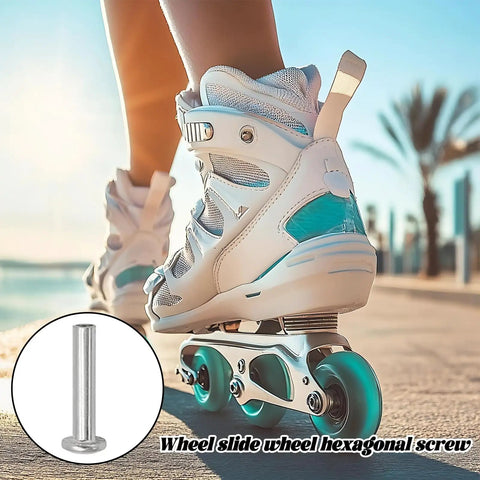 Skater with inline skates; inset shows axle from 8 Piece Inline Skate Wheel Axle Replacement Kit With 6mm Hex Socket Screws