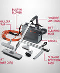 Light As A Feather But Knocks Out Tough Debris Fast Grab And Go Commercial Canister Vacuum with shoulder strap and tools.