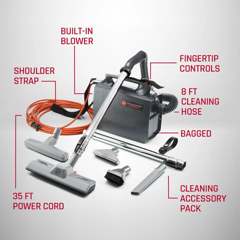 Light As A Feather But Knocks Out Tough Debris Fast Grab And Go Commercial Canister Vacuum with shoulder strap and tools.