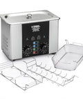 Commercial Ultrasonic Cleaner Platinum Edition 2.2 Liter Hella Tough Unit with stainless steel tank and wire rack.