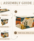 Boho Abstract Botanical Foldable Storage Bins for Home Organization Collapsible Fabric Cubes assembling steps and use guide.