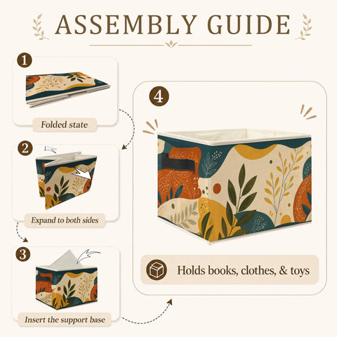 Boho Abstract Botanical Foldable Storage Bins for Home Organization Collapsible Fabric Cubes assembling steps and use guide.