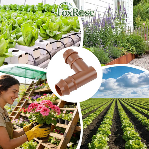 Drip Irrigation Barbed Elbow Fittings, 25 Pack, Half Inch Tubing, 90 Degree Corner Connectors For 17 Mm ID Drip Lines with garden scenes.