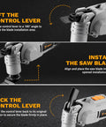 No Drama 20V Brushless Cordless Oscillating Multitool showing steps to install a saw blade, highlighting control lever adjustments.