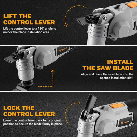 No Drama 20V Brushless Cordless Oscillating Multitool showing steps to install a saw blade, highlighting control lever adjustments.