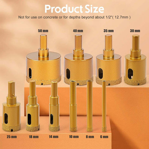 THINKWORK diamond drill bits tile hole saw kit, 12 pcs, gold-colored hollow bits and hole saws, sizes 6–50 mm
