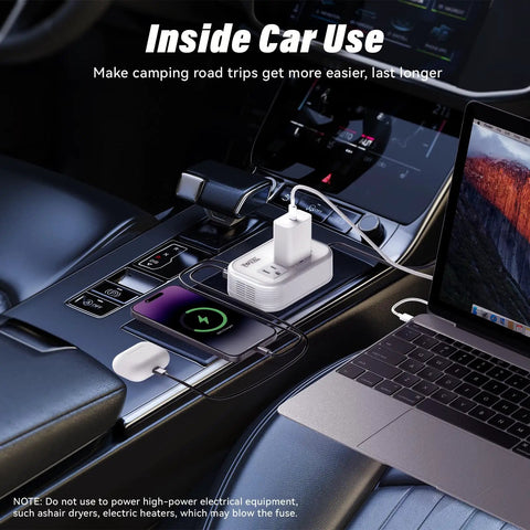 Slick 200W Car Power Inverter With Four Usb Ports And Dual Ac Outlets Transforming 12V Dc Into 110V Ac No Sweat Setup For Laptops Cpaps Game Consoles And Tailgate Parties White in car with smartphone and laptop charging.