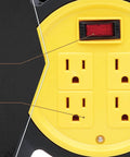Close-up of yellow and black Jobsite Ready Beefy Cord Reel With 4 Grounded Outlets Black And Yellow Holds 50 Ft Of 12 Gauge 70 Ft Of 14 Gauge Or 90 Ft Of 16 Gauge Circuit Breaker Protected Extension Reel For Powering Multiple Tools, showing 4 grounded outlets and built-in circuit breaker switch.