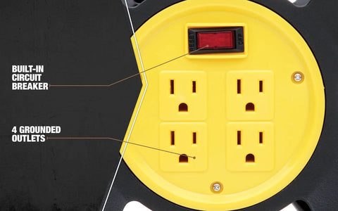 Close-up of yellow and black Jobsite Ready Beefy Cord Reel With 4 Grounded Outlets Black And Yellow Holds 50 Ft Of 12 Gauge 70 Ft Of 14 Gauge Or 90 Ft Of 16 Gauge Circuit Breaker Protected Extension Reel For Powering Multiple Tools, showing 4 grounded outlets and built-in circuit breaker switch.