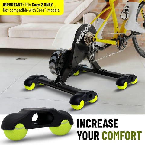 Rocker Feet Adapters With Tennis Balls 4 Pack For Kickr Core V2 Indoor Bike Trainers in living room setup