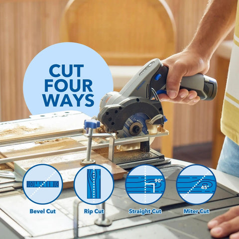 Person using Portable Saw Station Kit With 12V Brushless Compact Circular Saw And Multi Purpose Cutting Case for cut types.