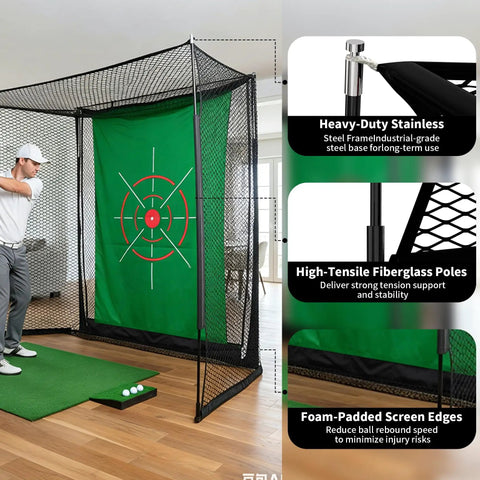 Golf Net And Impact Screen Enclosure For Home Simulator, 11x8 ft hitting cage with green target cloth and carbon base construction