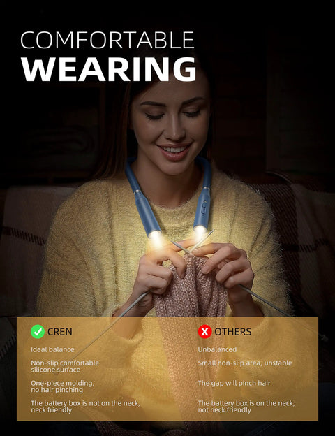 Woman knitting with Neck Reading Light For Bedside Reading, Knitting, Crochet, And Camping, Rechargeable LED With Flexible Arm