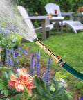 Four Pack Aluminum Garden Hose Repair Connectors Set With Clamps Five Eighth Inch Barb To Three Quarter Inch GHT Thread spraying water