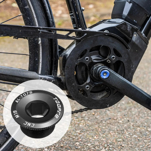 Close-up of Two Pack M19 Bike Crank Cover Screws Aluminum Alloy Crank Fixing Bolts for Mountain Bike Crankset, Black