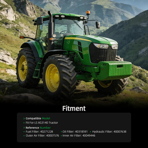 All In One Tractor Filter Kit For XG3140 Series Fuel Filter 40271228 Oil Filter 40318591 shown with green tractor