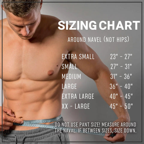 Sizing chart for Superior Nylon Weight Lifting Belt Four Inch Wide Core Support Waist Strap with measurement guide.