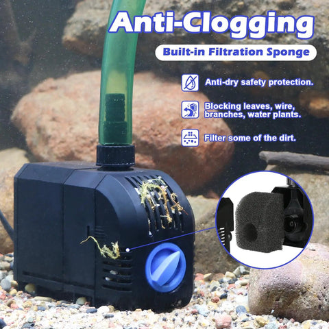 Powerful Submersible Water Pump 520GPH with Built In Sponge Filter in aquarium showing anti-clogging feature, high lift use