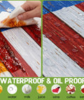 Demonstration of waterproof picnic table cover with American flag pattern, resisting spills of juice and water on surface.