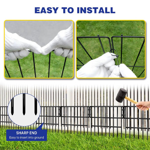 Image showing installation process of 27 Ft Long 13 Inch High No Dig Garden Border Fence Kit With 25 Panels Rustproof Metal Pet Barrier.