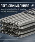 Close-up of precision machined screwdriver bits from the Heavy Duty Long Screwdriver Bit Set Contains Thirty Two Six Inch Reach Drivers With Quarter Inch Hex Shanks Forged From Tough S2 Steel.