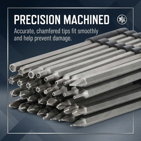 Close-up of precision machined screwdriver bits from the Heavy Duty Long Screwdriver Bit Set Contains Thirty Two Six Inch Reach Drivers With Quarter Inch Hex Shanks Forged From Tough S2 Steel.