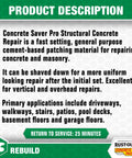 Product description for Pro Structural Concrete Repair Patch including features and applications for repairing concrete and masonry.