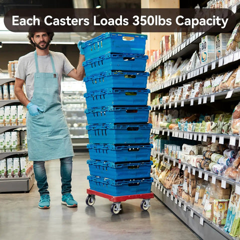 Heavy Duty 5 Inch Polyurethane Caster Set Of 4 With 1400 Lb Capacity Smooth Rolling industrial cart loaded with blue bins in store.