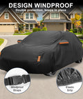 "Honda Civic Car Cover Outdoor All Weather 210D PU Heavy Duty Waterproof Windproof With Door Zipper Reflective Warning Bars Sun Rain Snow Protection For Sedan Or Coupe 1991 To 2025 on vehicle with windproof straps."