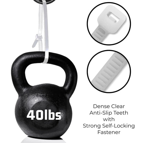 1000 Piece Zip Tie Set For Every Project, 12 Inch Beefy Heavy Duty Self Locking Nylon Cable Tie holding 40 lb kettlebell