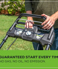Person starting 40V Cordless 21 Inch Brushless Lawn Mower With Self Propelled Smart Pace No Gas Easy Start Up To 60 Minutes Runtime On Dual 4Ah Batteries With Charger Included 75 Plus Compatible Tools Ecosystem