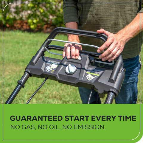 Person starting 40V Cordless 21 Inch Brushless Lawn Mower With Self Propelled Smart Pace No Gas Easy Start Up To 60 Minutes Runtime On Dual 4Ah Batteries With Charger Included 75 Plus Compatible Tools Ecosystem