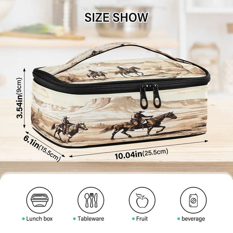 Desert Cowboys Insulated Lunch Bag With Leakproof Cooling, showcasing size and design, 10x6.1x3.5 inch, on wooden table.