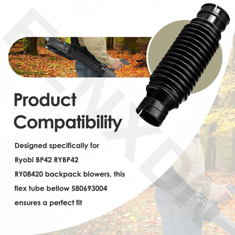 Leaf Blower Flex Tube Bellows Replacement 580693004 for Ryobi BP42 Backpack Blower in use with forest background