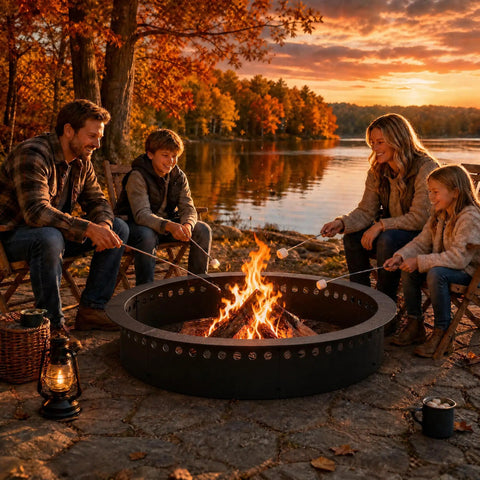 Family enjoying a bonfire with the Smokeless 48 Inch Fire Pit Ring With Perforated Steel Insert by a lake during sunset