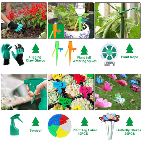 All In One 84 Piece Garden Tools Set With 10 Piece Succulent Tools And 6 Large Heavy Duty Aluminum Hand Tools 12 Inch Includes Tool Bag Gloves Sprayer Seeds Dispenser Plant Labels Self Watering Spikes And More Great Gardening Gift For Men And Women showcasing watering spikes, gloves, plant tags, and sprayer