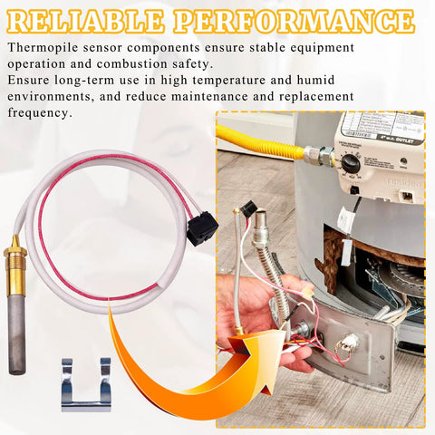 Front view: 750mV thermopile sensor assembly for Resideo gas water heater; white insulated lead with pink stripe.