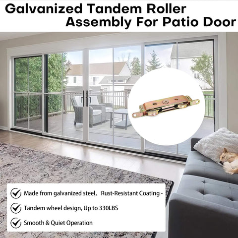 Image showing a Two Pack Sliding Door Rollers For Sliding Glass Patio Doors Replacement Roller Assembly One And A Quarter Inch Steel Ball Wheel Bearing Side Adjustable Heavy Duty Easy Install, highlighted in a living room setting with glass patio doors in the background.