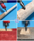 Four carbide burrs with 1/4 in shank, wide-flute, for grinding wood; shown on a red die grinder.