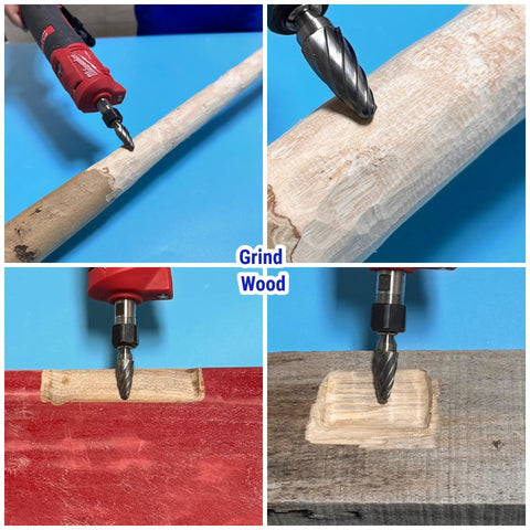 Four carbide burrs with 1/4 in shank, wide-flute, for grinding wood; shown on a red die grinder.