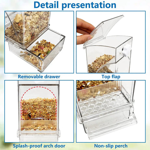 Detail view of Hassle Free Bird Feeder And Water Dispenser Set Featuring Clear Acrylic Jar and removable drawer for easy access.