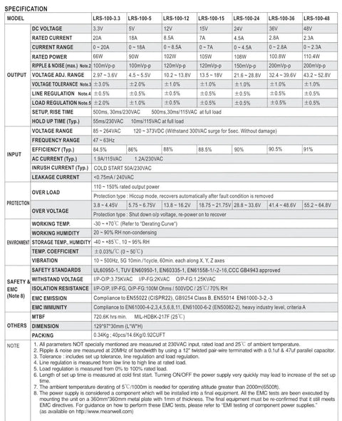 Specifications table for LRS-100-24 Switching Power Supply with 24V Single Output 108W 4.5A Ultra Compact 1U Module.