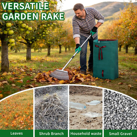 Heavy Duty Garden Rake Set 62 Inch Rake With 72 Gallon Leaf Bag 18 Inch Wide 25 Tines Metal Rake Adjustable Handle Gloves