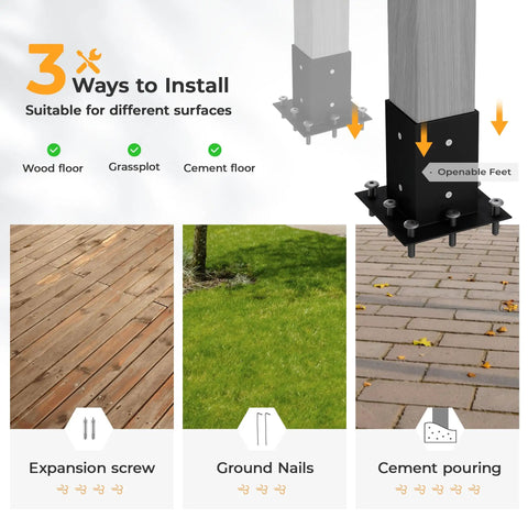 3 installation methods for 10x13 Foot Gray Outdoor Pergola Kit With Pretreated Wood Brackets for deck, grass, or cement surfaces.