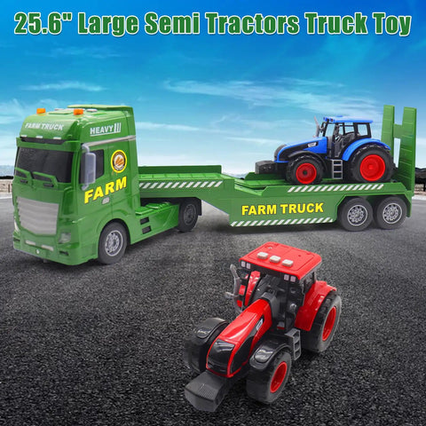 Large Flatbed Semi Truck Toy With Two Tractors Friction Powered Farm Transport Vehicle With Light And Sound front view