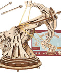 DIY Wooden Catapult Kit 3D Puzzle for Adults and Kids With Wheels and Gears Ballista Model Building Kit 142 Parts With Step by Step How To Guide Hands On STEM Gift for Boys and Girls, assembled wooden ballista with box