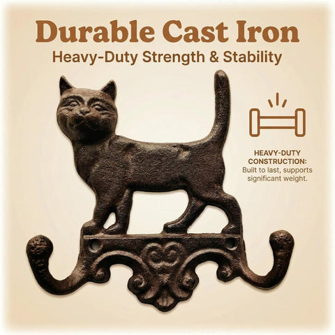 Built Tough Cast Iron Cat Wall Hooks With Double Loop Design durable cast iron construction for heavy-duty use, perfect for rustic wall decor.